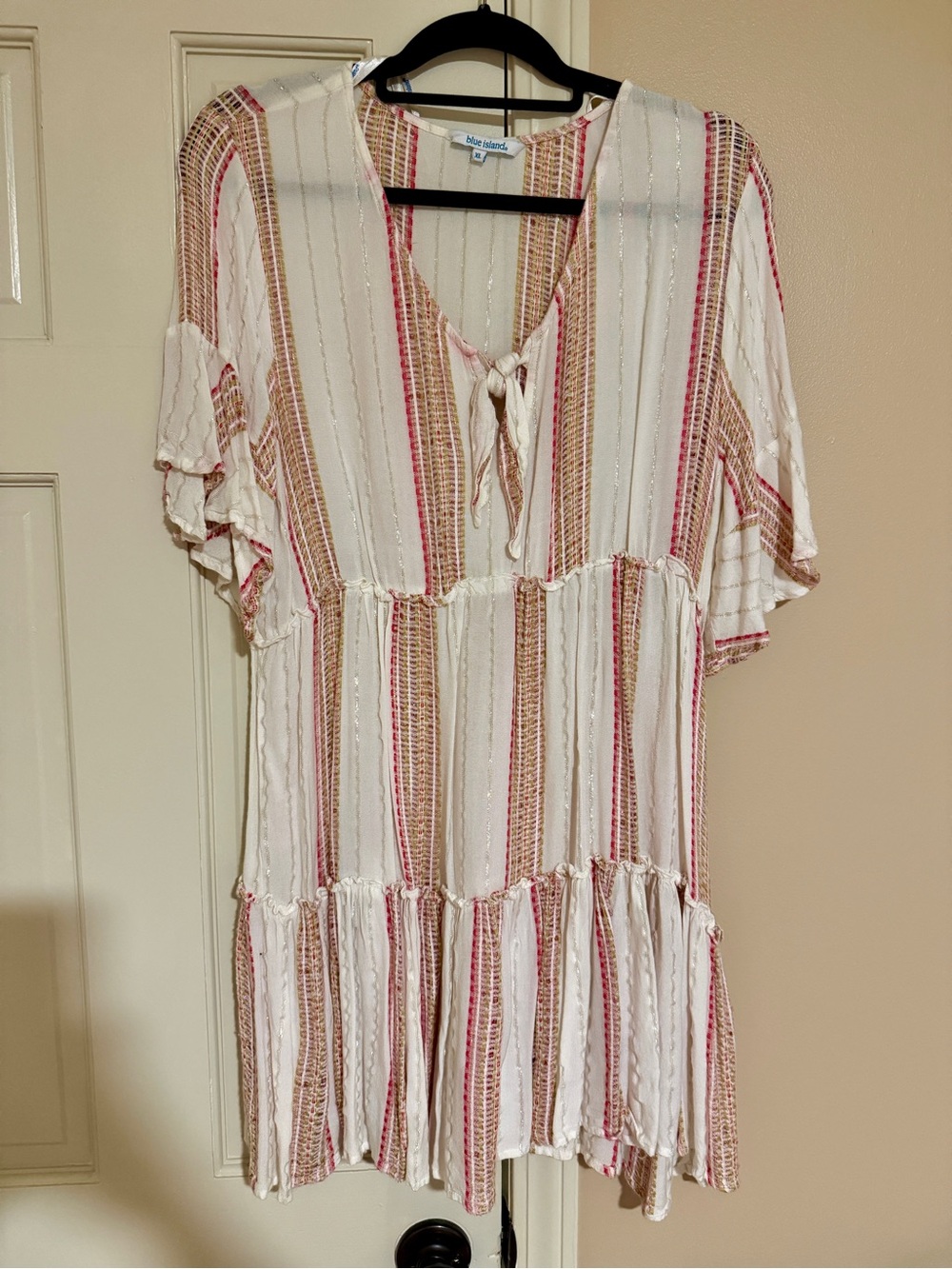 blue island Cream Stripe Tie-Front Tiered Coverup